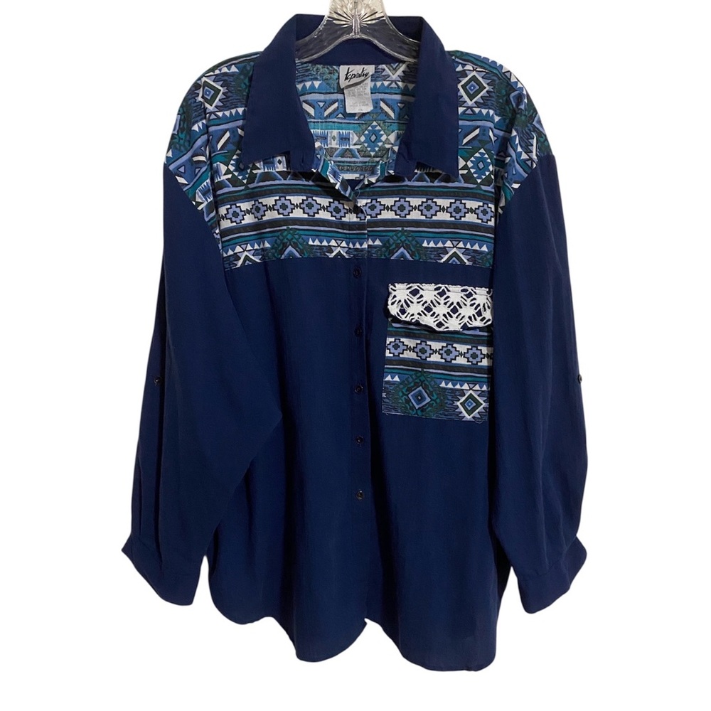 Vintage Womens Shirt Top Size 22W Navy Blue Aztec Western Design Button Up L/S